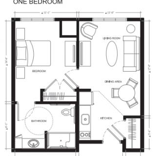 A detailed floor plan of a one-bedroom apartment, featuring labeled areas for the living room, kitchen, bathroom, and bedroom.