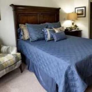 A cozy bedroom with a neatly made bed featuring blue bedding and decorative pillows, accompanied by a wooden nightstand and lamp.