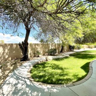 A serene backyard garden with a curving pathway and lush green grass.
