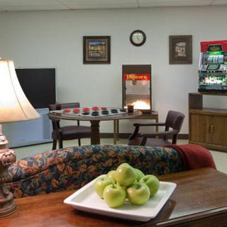 A cozy living room with a plate of green apples on the table and a popcorn machine in the background.