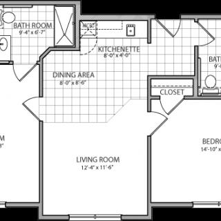A floor plan of an apartment including a bedroom, living room, dining area, and kitchenette.
