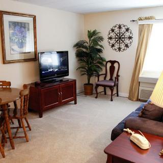 A cozy living room with a television, wooden furniture, and decorative elements.