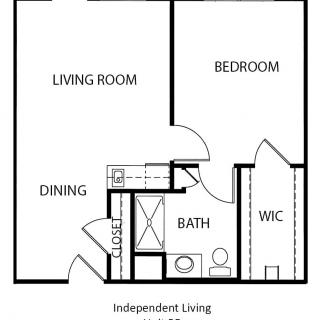 A floor plan of a one-bedroom apartment featuring a living room, dining area, bathroom, and walk-in closet.