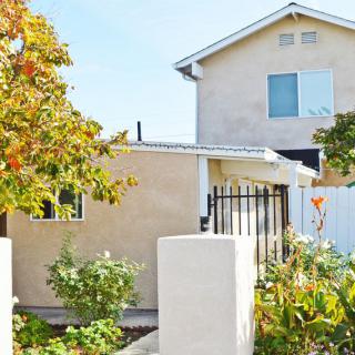 A suburban house with a small garden and trees in the front yard.