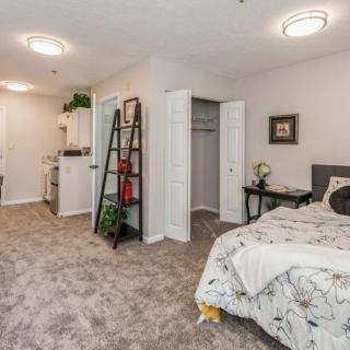 A modern bedroom with a bed, open closet, and decorative elements.