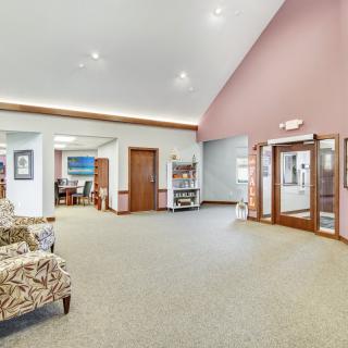 Spacious lobby with comfortable seating and a warm ambiance.