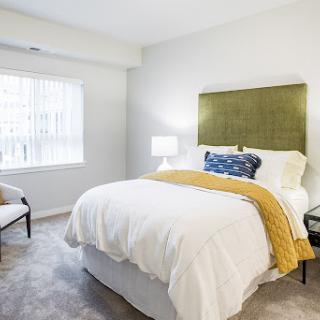 A bright and cozy modern bedroom featuring a comfortable bed, stylish headboard, and elegant accessories.