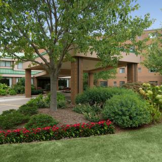 A well-maintained building entrance surrounded by lush greenery and vibrant landscaping.