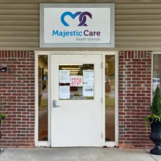 The entrance to Majestic Care with a clear sign above the door.