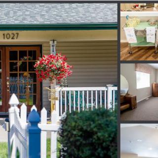 A collage of a house featuring the exterior with a porch and several interior rooms.