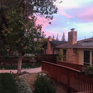 A serene backyard view at sunset, featuring a house surrounded by trees and a wooden fence under a colorful sky.