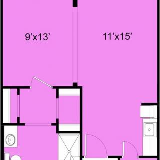 A floor plan showing a two-room apartment with dimensions labeled as 9'x13' and 11'x15'.