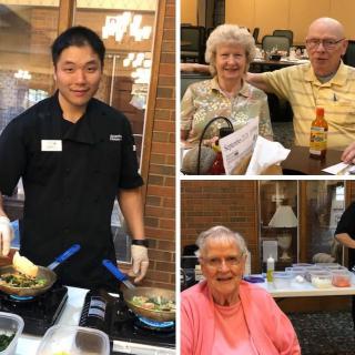 A chef prepares a meal while seniors enjoy their time at a community event.