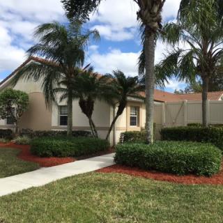 A neatly landscaped residential house with palm trees and a walkway.