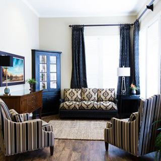 A stylish living room with patterned furniture and elegant decor.