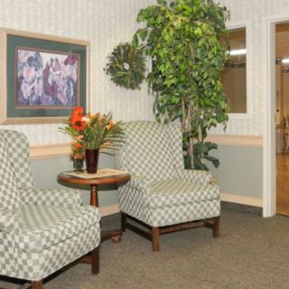 A cozy waiting room with two patterned chairs, a small table with flowers, wall art, and a potted plant.