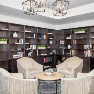 A cozy reading nook with modern armchairs and bookshelves in a stylish library setting.