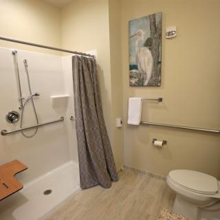 An accessible bathroom equipped with a shower, grab bars, and modern amenities.