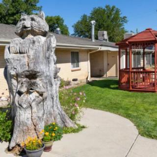 A yard featuring a tree sculpture and a wooden gazebo.