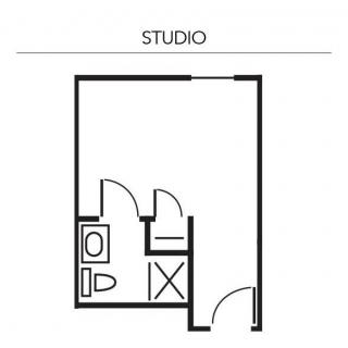A simple studio apartment floor plan with a bathroom.