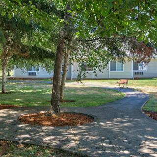 A peaceful park scene with a winding pathway, benches, and trees providing shade.
