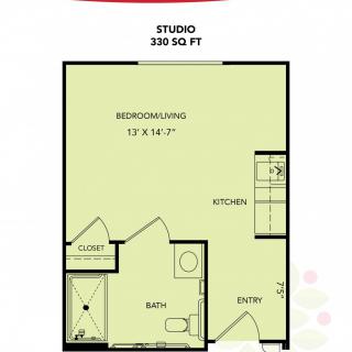 Floor plan of a 330 sq ft studio apartment layout.