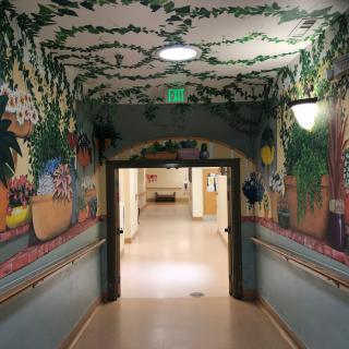 A colorful hospital hallway with a mural and decorated ceiling, creating a welcoming and playful environment.