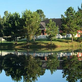 A serene lakeside view featuring a house surrounded by trees, with their reflections shimmering on the water.