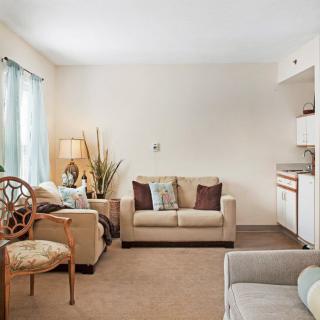 A cozy living room with sofas, an armchair, a lamp, and decorative elements such as cushions and indoor plants.