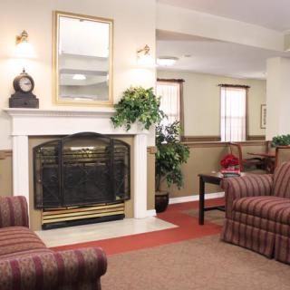 A cozy living room with a fireplace, comfortable seating, and decorative plants.