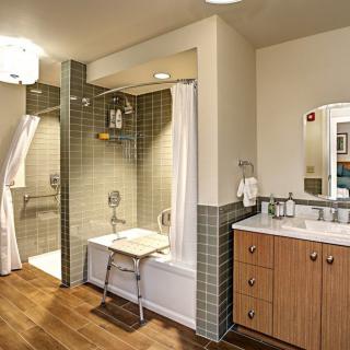 A modern and accessible bathroom with a shower, bathtub, and wooden flooring.