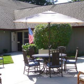 A sunny backyard patio with an outdoor table, chairs, and a large umbrella.