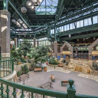 Spacious indoor atrium with abundant natural light and lush greenery.