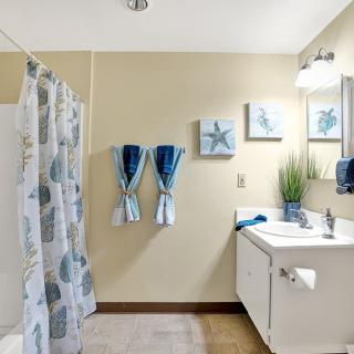 A nautical-themed bathroom featuring a shower curtain with sea patterns, starfish artwork, and neatly arranged blue towels.