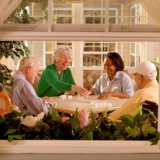 A group of elderly people enjoying a conversation around a table viewed through a window.