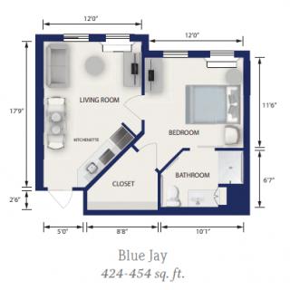 A floor plan of the Blue Jay apartment, measuring between 424 and 434 square feet.