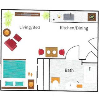 A floor plan of a studio apartment showing a combined living and sleeping area, kitchen/dining space, and a bathroom.