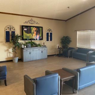 A cozy waiting room featuring blue furniture, a television, and greenery for a welcoming atmosphere.