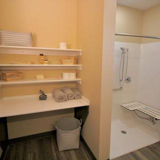 An accessible bathroom with a shower equipped for handicap use, featuring a foldable seat and grab bars.