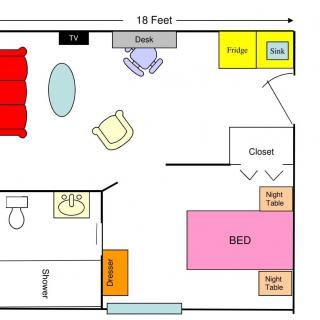 A floor plan showing the layout of a bedroom and living area with furniture including a bed, desk, chairs, fridge, sofa, and TV.
