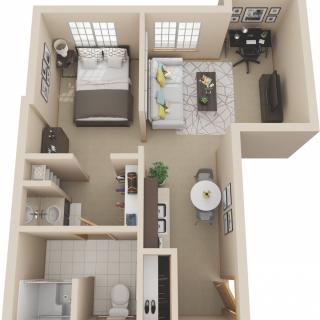 A 3D floor plan of a one-bedroom apartment featuring a living room, kitchen, dining area, and bathroom.