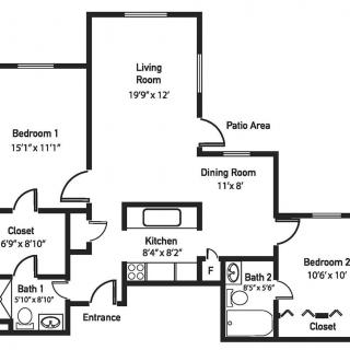 A floor plan of a two-bedroom apartment with designated areas for the living room, kitchen, dining room, and bathrooms.