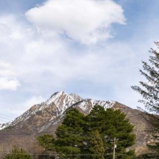 A scenic view of a snow-capped mountain under a cloudy sky, surrounded by lush green trees.