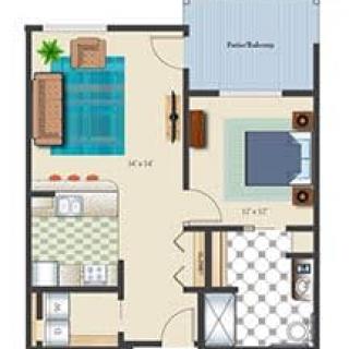A small apartment floor plan featuring a living room, kitchen, one bedroom, bathroom, and a balcony.