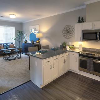 A modern open floor plan featuring a kitchen and living area with stylish decor.