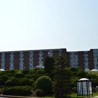 A view of a hotel building surrounded by greenery under a clear sky.