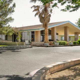 A residential building with a driveway and palm trees.