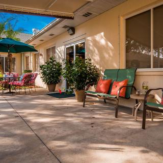 A sunny patio with outdoor seating and plants, featuring a table with an umbrella.
