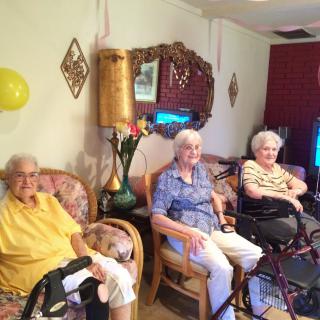 A group of elderly individuals sitting together in a living room setting.