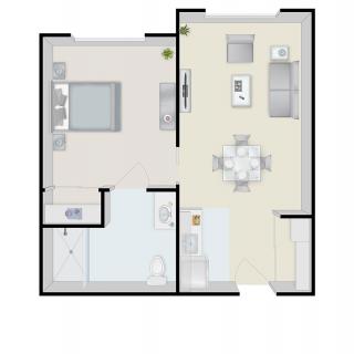 A simple floor plan of a one-bedroom apartment featuring a living room, kitchen area, and bathroom.